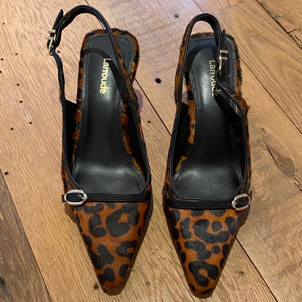 Larroudé Ines Pump Leopard Print Calf Hair Slingback Buckle Strap 7.5